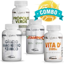 Combo Cálcio Magnésio e Zinco (100 Cáps) + Vitamina C 1000mg (100 Cáps) + Própolis Verde (60 Cáps) + Vitamina D3 (60 Cáps) - Physical Pharma