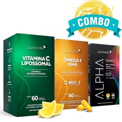 Combo mega 3 DHA (60 caps) + Alpha Family (60 caps) + Vitamina C Lipossomal (60 caps) - Pura Vida