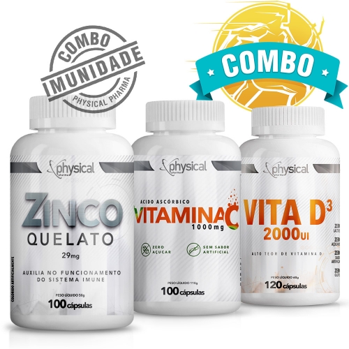 Combo Vitamina C 1000mg (100 Cpsulas) + Vitamina D3 (120 Cpsulas) + Zinco Quelato 29mg (100 Cpsulas) - Physical Pharma